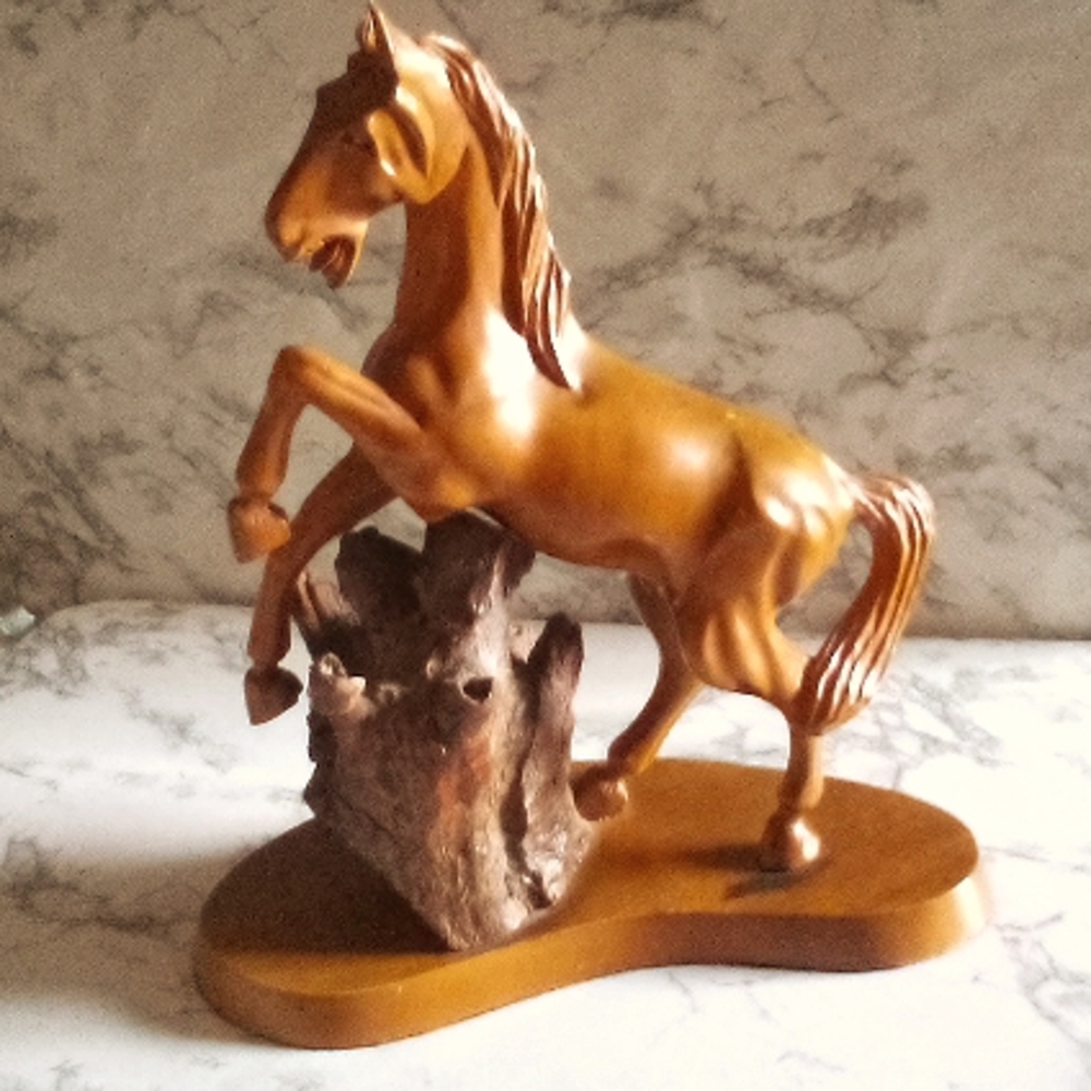 Vintage Mid- century Modern Large Hand carved Wood Rearing Horse Stallion Statue